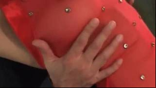 Asian lady in red gets sexy assets teased while dancing